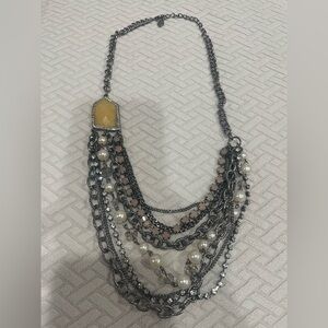 Elegant Multi-Chain Necklace with Yellow Stone and Pearls